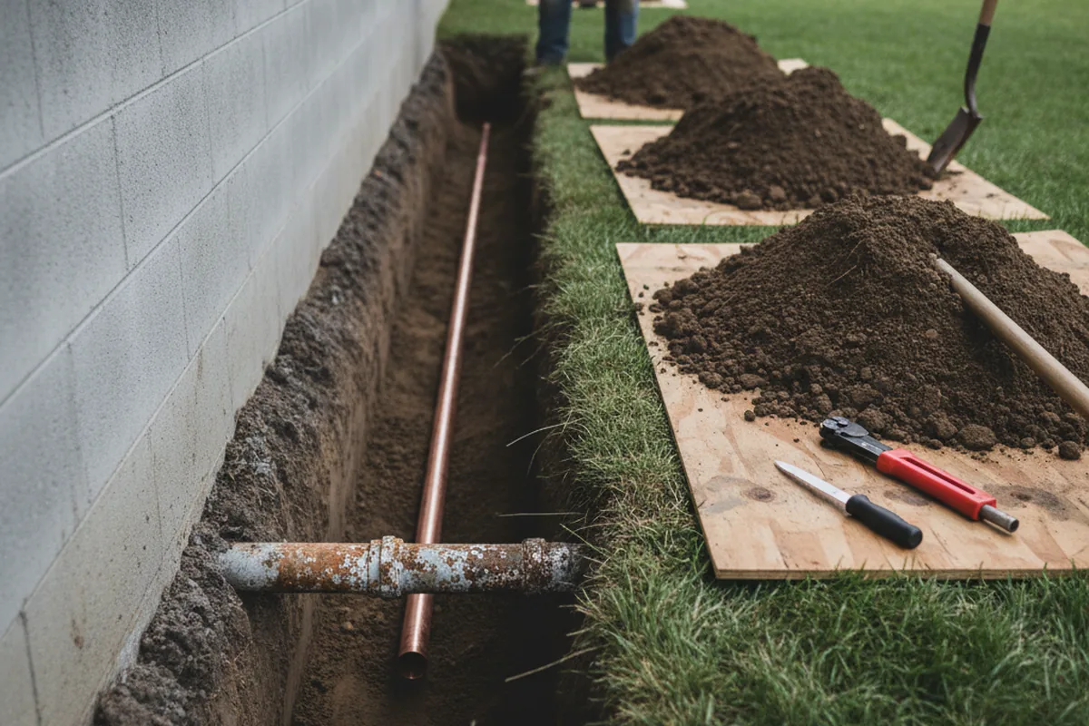 Excavated water line trench during Water Softener Installation in Mathews